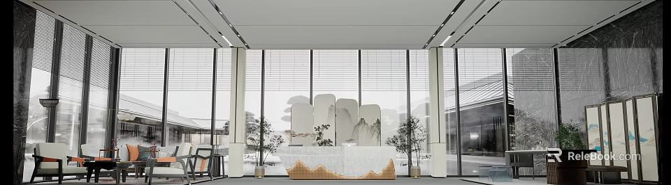 Modern Luxury Sales Office Lobby Featuring Front Desk Landscape Screen Plants Large Windows Venetian Blinds 3d model 