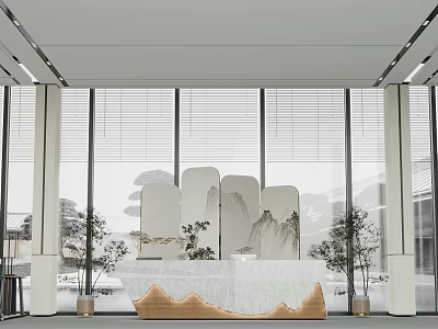Modern Luxury Sales Office Lobby Featuring Front Desk Landscape Screen Plants Large Windows Venetian Blinds 3d model