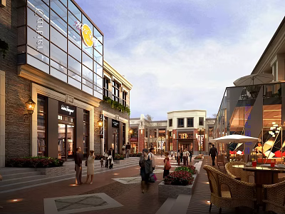 Vibrant Commercial Street With Modern Buildings Cafes Outdoor Seating And Pedestrians 3d model