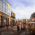 Vibrant Commercial Street With Modern Buildings Cafes Outdoor Seating And Pedestrians