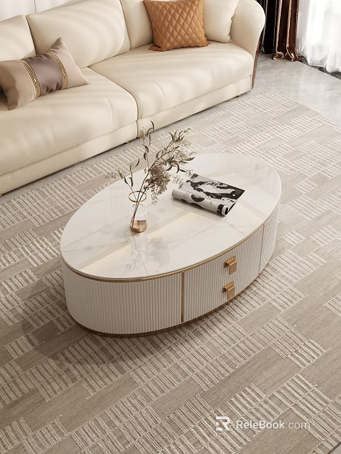 Elegant Modern Oval Coffee Table With White Marble Top Gold Accents And Decorative Vase Magazine 3d model 