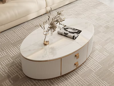 Elegant Modern Oval Coffee Table With White Marble Top Gold Accents And Decorative Vase Magazine 3d model