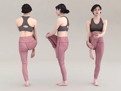 Woman in gray sports bra and pink leggings performing leg stretching exercises from different angles 3d model