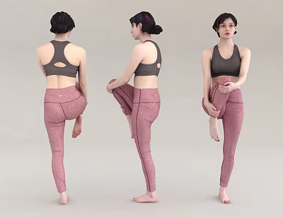 Woman in gray sports bra and pink leggings performing leg stretching exercises from different angles 3d model