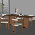 Quiet Chinese and Ancient Style Dining Table and Chair Combination Solid Wood Dining Table and Chair Combination Strip Dining Table Dining Chair Quiet Dining Room 3d model