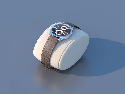 Stylish Men's Watch With Brown Leather Strap And Black Dial On White Display Stand 3d model