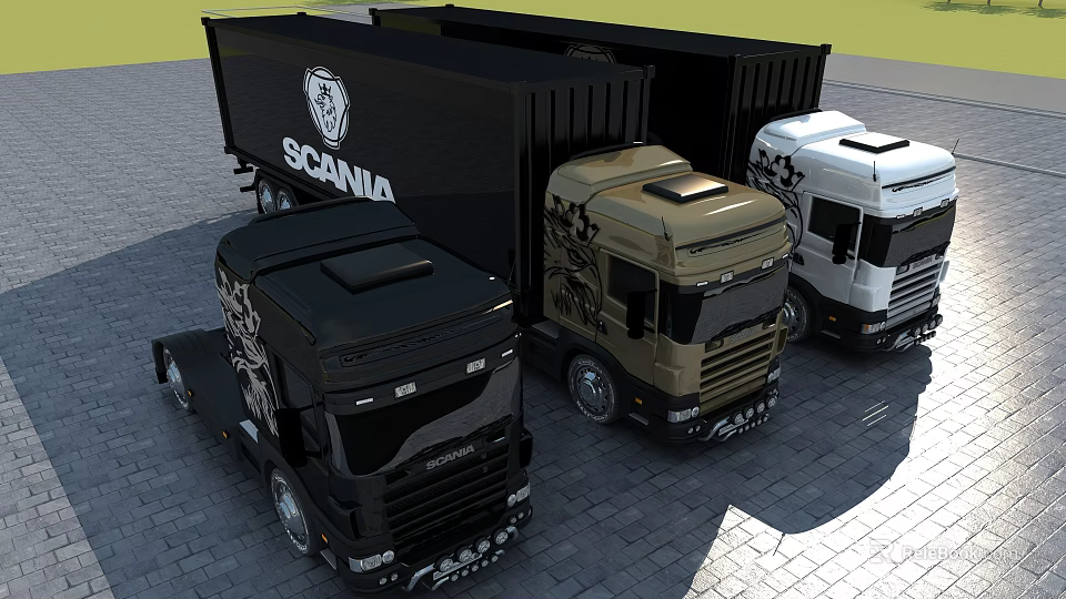 Functional Scania Trucks With Different Designs Parked Together 3d model 