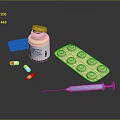Various Medical Supplies Including Pill Bottle Blister Pack Capsules And Syringe