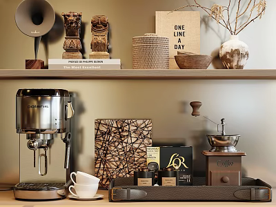 Stylish Kitchen Shelf With Coffee Machine Coffee Grinder And Decorative Items On Tray 3d model