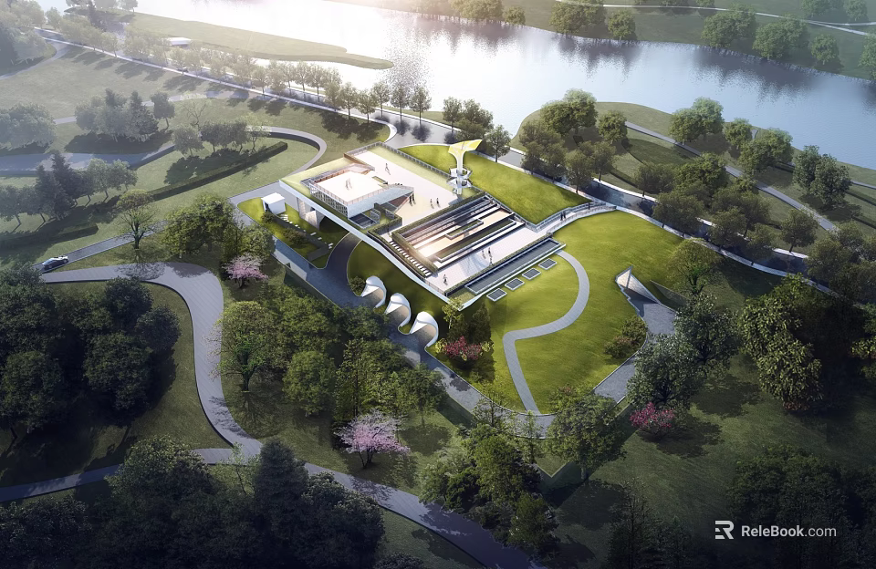 Modern Industrial Factory With Green Landscaped Surroundings River View And Access Roads 3d model 