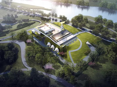 Modern Industrial Factory With Green Landscaped Surroundings River View And Access Roads 3d model