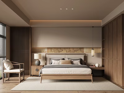 Modern Minimalist Bedroom Interior With Wooden Bed Nightstand Wardrobe Area Rug And Floor Lamp 3d model