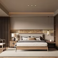 Modern Minimalist Bedroom Interior With Wooden Bed Nightstand Wardrobe Area Rug And Floor Lamp