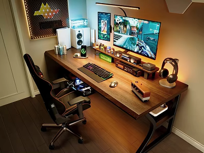 Modern Solid Wood Gaming Desk And Ergonomic Chair Set For Ideal Home Gaming Workstation 3d model