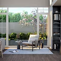 Spacious Living Dining Room With Large Windows Greenery View Sofa Tables Bookshelves And Decor