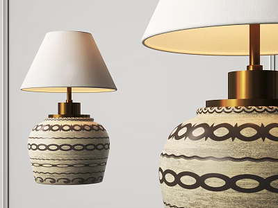 Decorative Table Lamps With Geometric Pattern Bases Gold Poles And White Shades 3d model