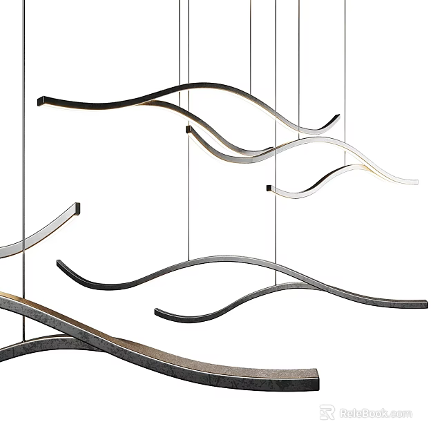 Modern Curved Metal Chandelier Design With Hanging Structure And Interior Decor Elements 3d model