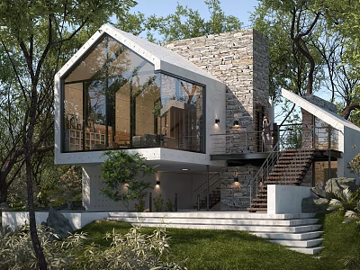Modern Detached Villa With Stone Facade Large Windows And Staircase Surrounded by Trees 3d model