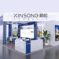 XINSONG Exhibition Booth With Blue And White Design Reception Desk Large Screen And Green Plants