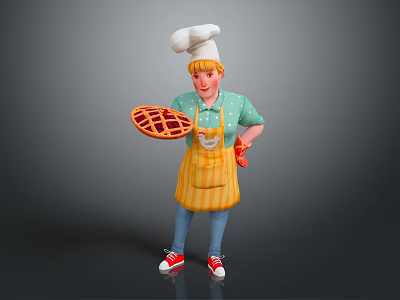 Cartoon Chef Wearing Chef Hat Green Shirt Yellow Apron Holding Pie With Red Gloves 3d model
