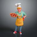 Cartoon Chef Wearing Chef Hat Green Shirt Yellow Apron Holding Pie With Red Gloves