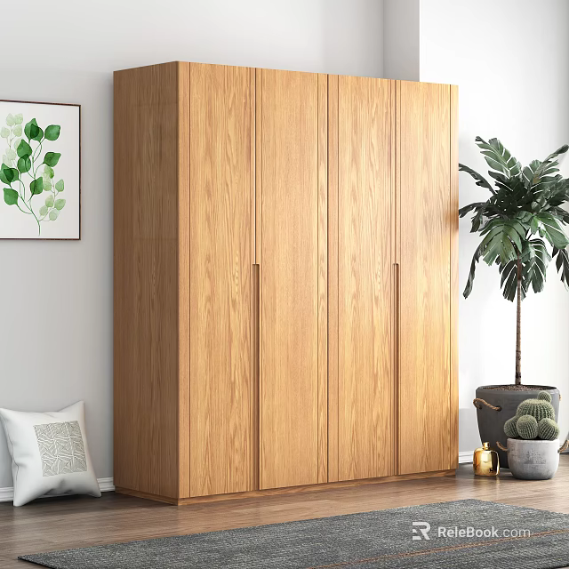 Modern Wooden Four Door Wardrobe with Decorative Painting and Plant in Living Room 3d model 