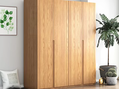 Modern Wooden Four Door Wardrobe with Decorative Painting and Plant in Living Room 3d model