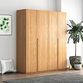 Modern Wooden Four Door Wardrobe with Decorative Painting and Plant in Living Room