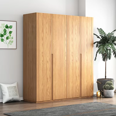 Modern Wooden Four Door Wardrobe with Decorative Painting and Plant in Living Room 3d model