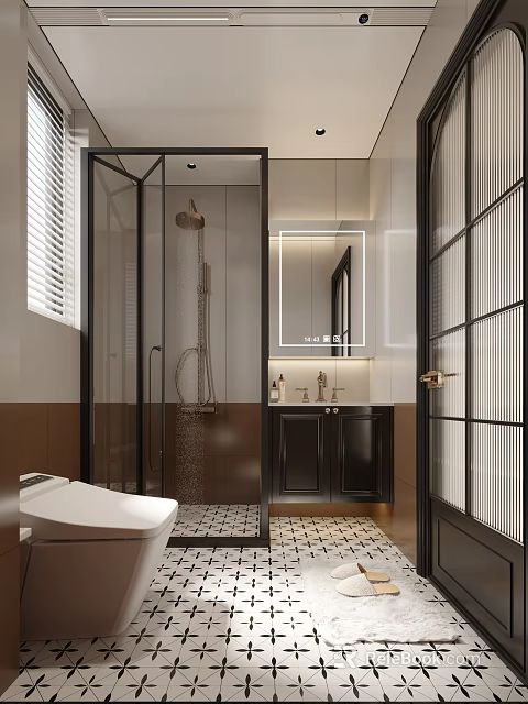 Modern Bathroom Interior with Glass Shower Enclosure Backlit Mirror Vanity and Tiled Floor 3d model 