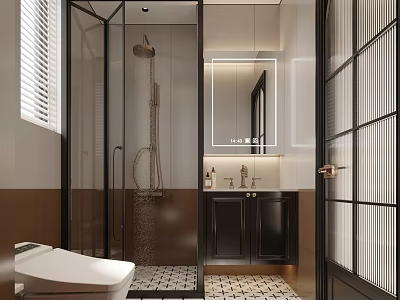 Modern Bathroom Interior with Glass Shower Enclosure Backlit Mirror Vanity and Tiled Floor 3d model