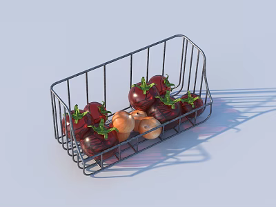 Fresh Red and Orange Fruits in Metal Wire Basket with Green Stems 3d model
