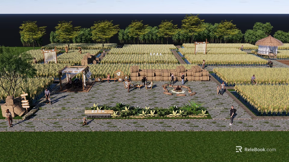 Scenic Rural Landscape With Vast Farmland Stacked Hay Bales And People Working 3d model 