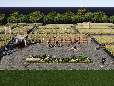 Scenic Rural Landscape With Vast Farmland Stacked Hay Bales And People Working 3d model