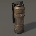 Military Weapon Grenade With Brown Body Yellow Caution Label And Metal Ring Handle
