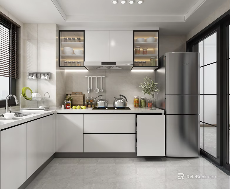 Modern Kitchen Interior With White Cabinets Stainless Steel Refrigerator Countertop And Appliances 3d model 