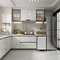 Modern Kitchen Interior With White Cabinets Stainless Steel Refrigerator Countertop And Appliances