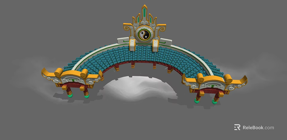 Traditional Chinese Style Bridge With Blue Tile Roof Gold Green Decorations And Circular Ornament 3d model 