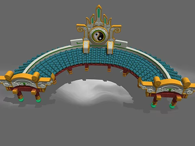 Traditional Chinese Style Bridge With Blue Tile Roof Gold Green Decorations And Circular Ornament 3d model