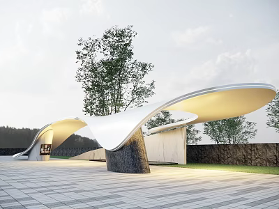 Modern Pergola With Curved Roof Design Surrounded By Trees On Paved Ground Under Soft Lighting 3d model