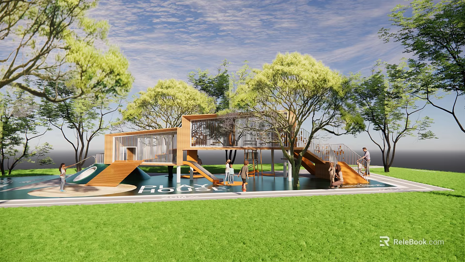 Kids Play Area with Wooden Structure Slide Swings and Water Pool in Green Grassland 3d model 