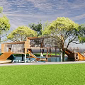 Kids Play Area with Wooden Structure Slide Swings and Water Pool in Green Grassland