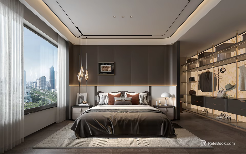 Modern Bedroom Interior With Large Bed Pillows Nightstands Lamps City View Window And Recessed Lighting 3d model 