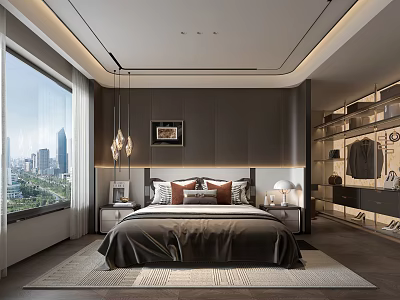 Modern Bedroom Interior With Large Bed Pillows Nightstands Lamps City View Window And Recessed Lighting 3d model