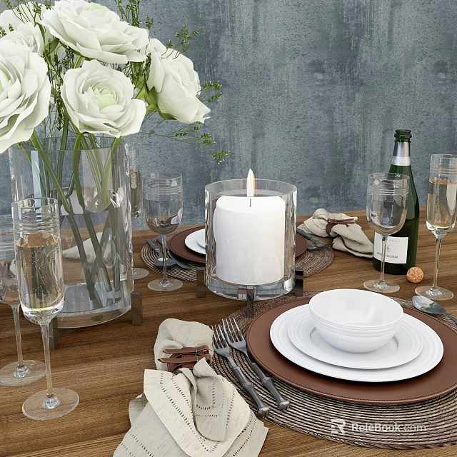 Elegant Tableware Set on Wooden Dining Table with White Roses Lit Candle and Wine Glasses 3d model 