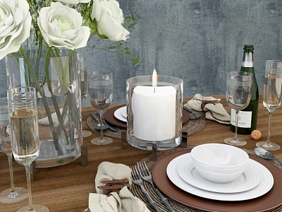 Elegant Tableware Set on Wooden Dining Table with White Roses Lit Candle and Wine Glasses 3d model