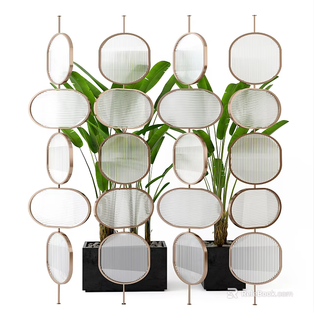 Elegant Modern Partition With Round Panels And Metal Frame For Interior Decoration With Green Plants 3d model 