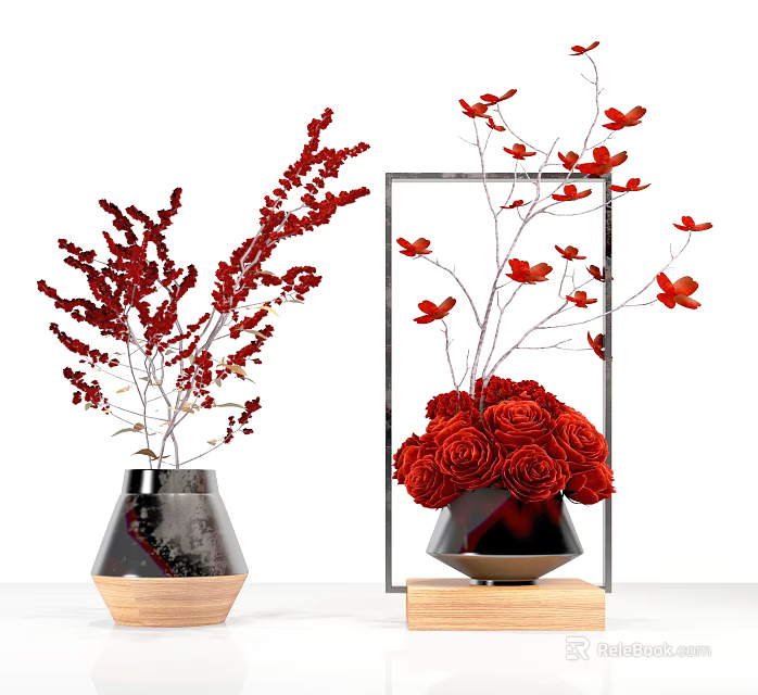 Modern Vases With Red Roses And Decorative Branches For Home Decor 3d model 