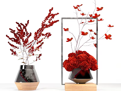 Modern Vases With Red Roses And Decorative Branches For Home Decor 3d model