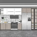 Modern Kitchen Interior With Wooden Cabinets Quartz Countertop Stainless Steel Refrigerator And Wine Storage